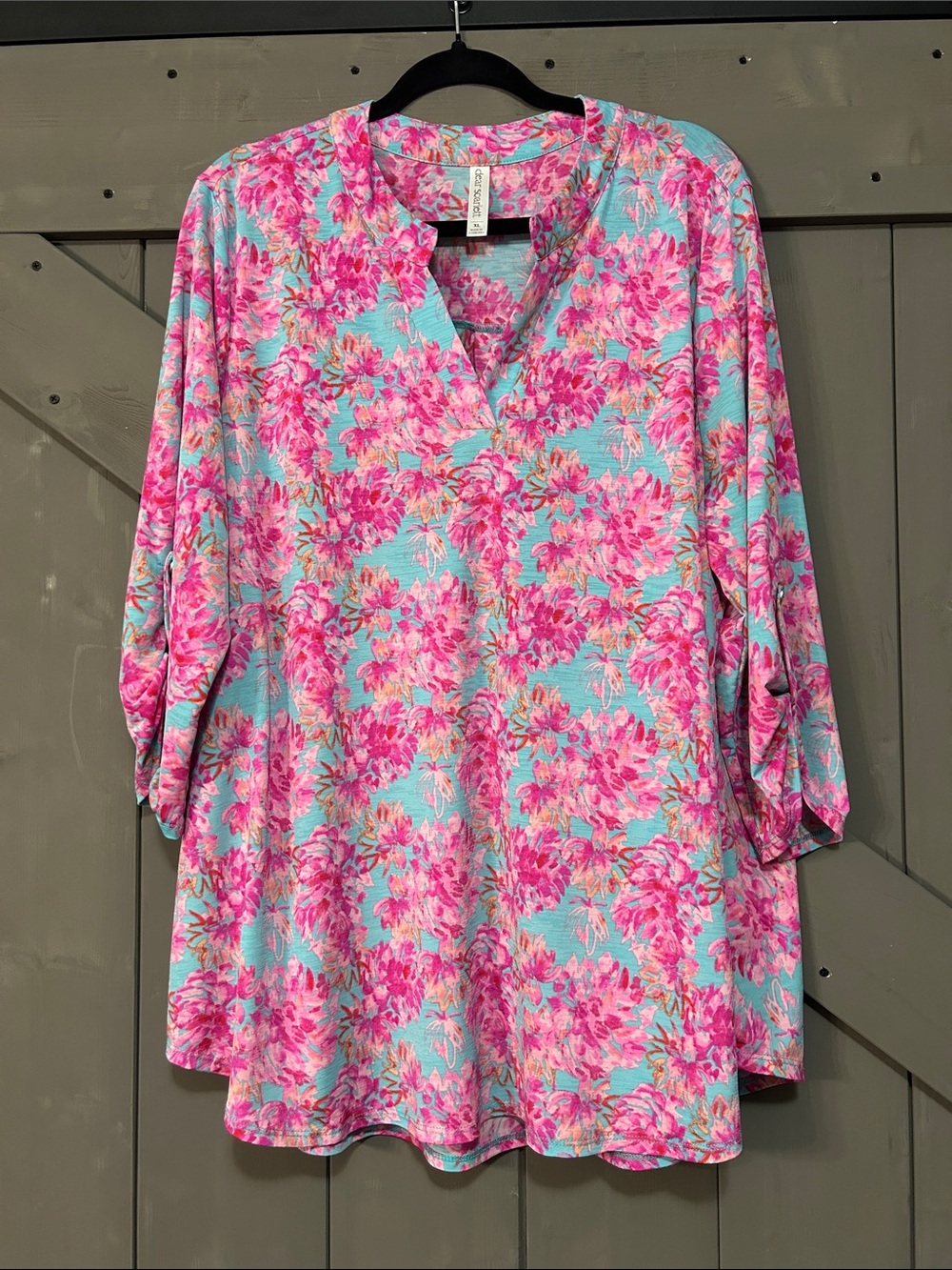 Floral Split-Neck Tunic in Pink and Aqua